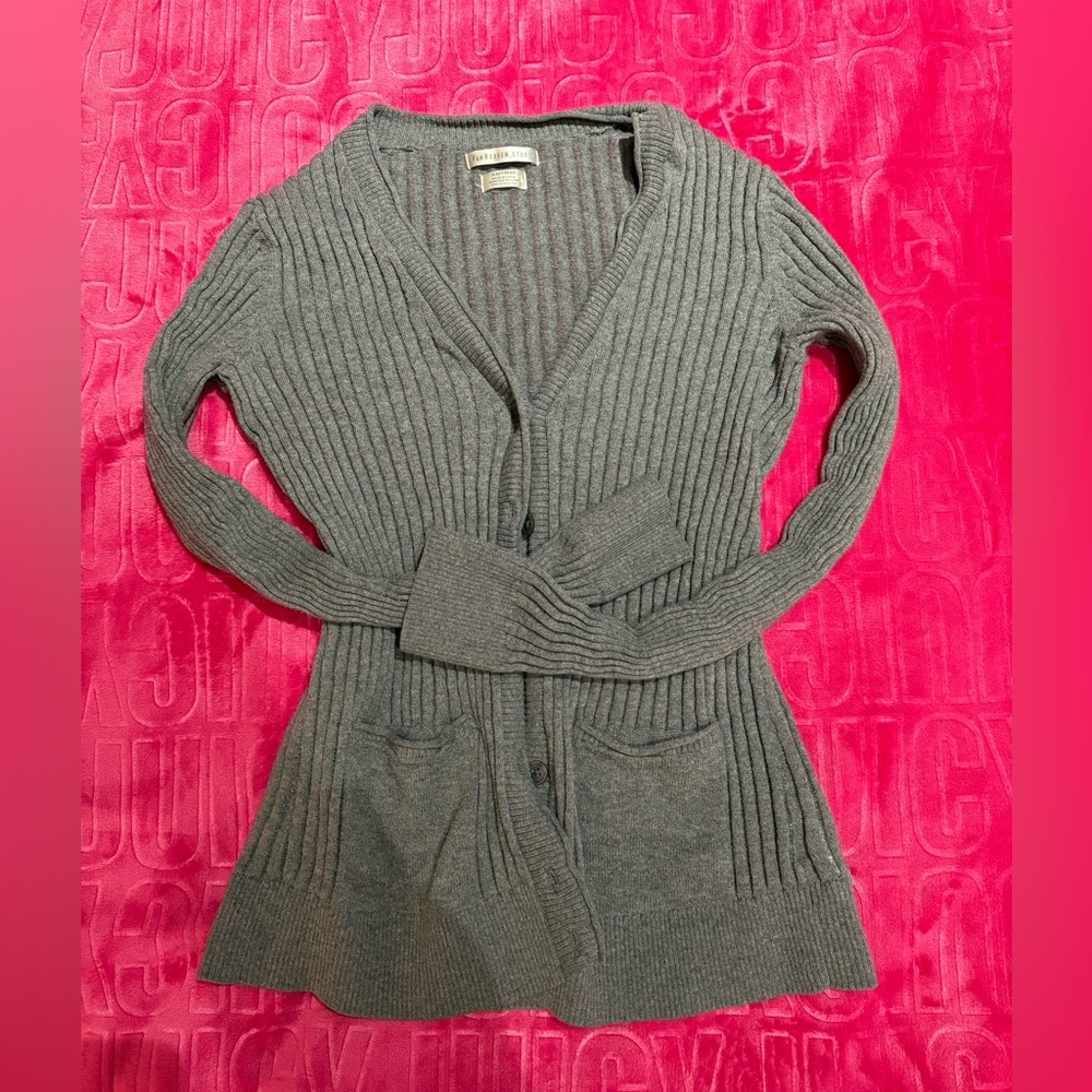 Babydoll Ribbed Knit Cardigan – Soft Grey Belted Sweater